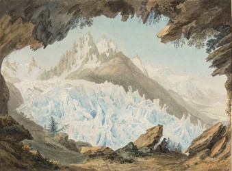 Artista dibujando desde la bóveda llamada el Sombrero, el glaciar de los Bosques y las agujas de Charmoz